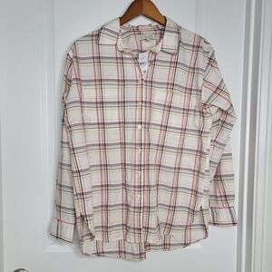 LOFT Plaid Women's Size Medium New with Tags Tunic Collar Shirt Ivory Pink Blue